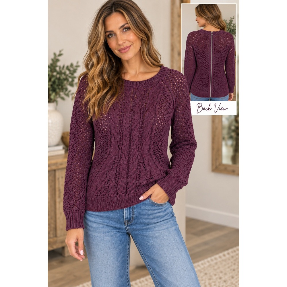 Lucky Brand Plum Cable Knit Full Back Zip Boho Sweater M
